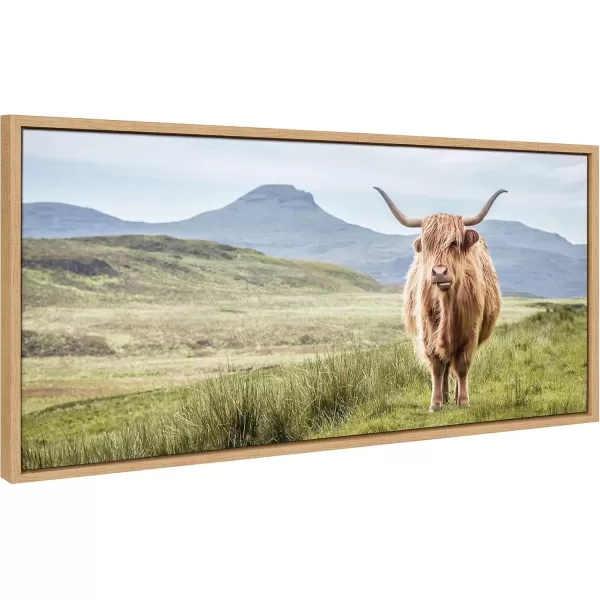 Kate and Laurel Sylvie Highland Cow Mountain Landscape Framed Canvas Wall Art by The Creative Bunch Studio 18x40 Natural Decorative Farmhouse Decor for WallNatural