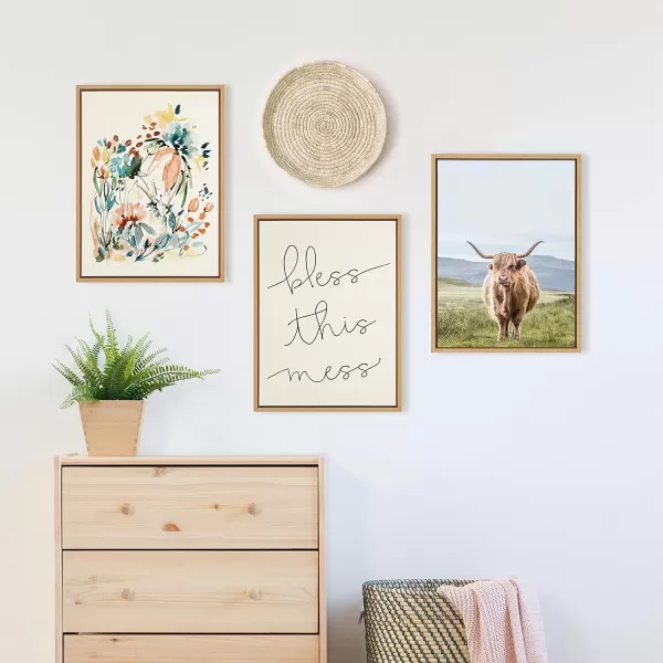 Kate and Laurel Sylvie Highland Cow Mountain Landscape Framed Canvas Wall Art by The Creative Bunch Studio 18x40 Natural Decorative Farmhouse Decor for WallNatural