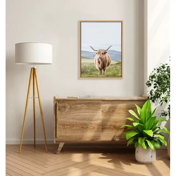 Kate and Laurel Sylvie Highland Cow Mountain Landscape Framed Canvas Wall Art by The Creative Bunch Studio 18x40 Natural Decorative Farmhouse Decor for WallNatural