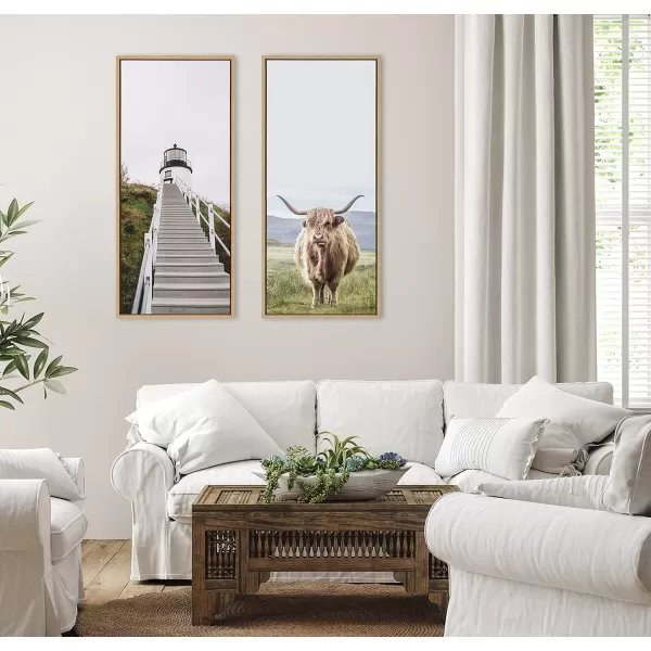 Kate and Laurel Sylvie Highland Cow Mountain Landscape Framed Canvas Wall Art by The Creative Bunch Studio 18x40 Natural Decorative Farmhouse Decor for WallNatural