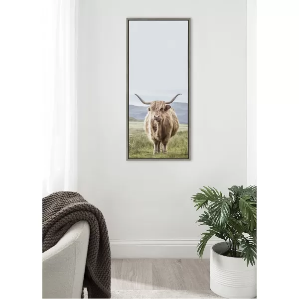 Kate and Laurel Sylvie Highland Cow Mountain Landscape Framed Canvas Wall Art by The Creative Bunch Studio 18x40 Natural Decorative Farmhouse Decor for WallGray