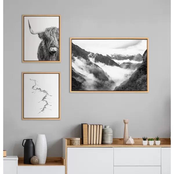 Kate and Laurel Sylvie Highland Cow Mountains and Inca Trail Framed Canvas Wall Art Set by Various Artists Set of 3 two 16x20 and one 23x33 Black Frames Decorative Black and White Nature ArtNatural