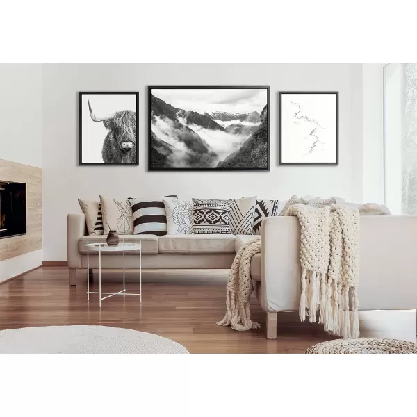 Kate and Laurel Sylvie Highland Cow Mountains and Inca Trail Framed Canvas Wall Art Set by Various Artists Set of 3 two 16x20 and one 23x33 Black Frames Decorative Black and White Nature ArtBlack