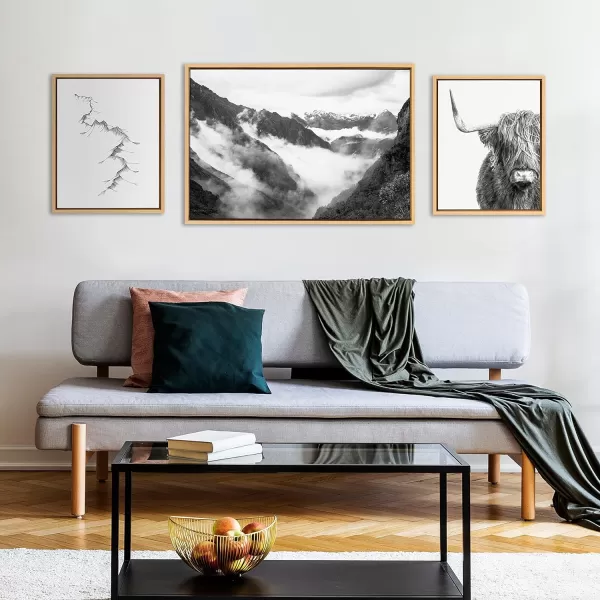 Kate and Laurel Sylvie Highland Cow Mountains and Inca Trail Framed Canvas Wall Art Set by Various Artists Set of 3 two 16x20 and one 23x33 Black Frames Decorative Black and White Nature ArtNatural