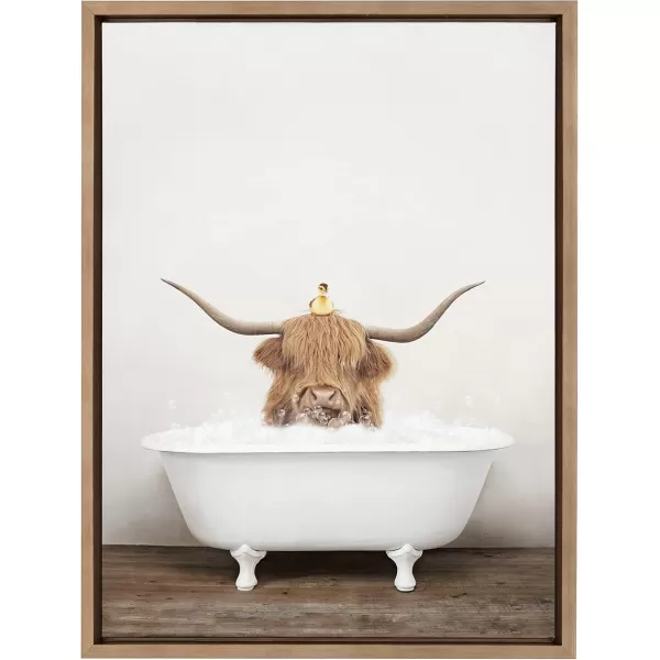 Kate and Laurel Sylvie Highland Cow and Duckling in Rustic Bath Framed Canvas Wall Art by Amy Peterson Art Studio 18x24 Gray Modern Fun Decorative Bathtub Wall Art for Home DcorGold