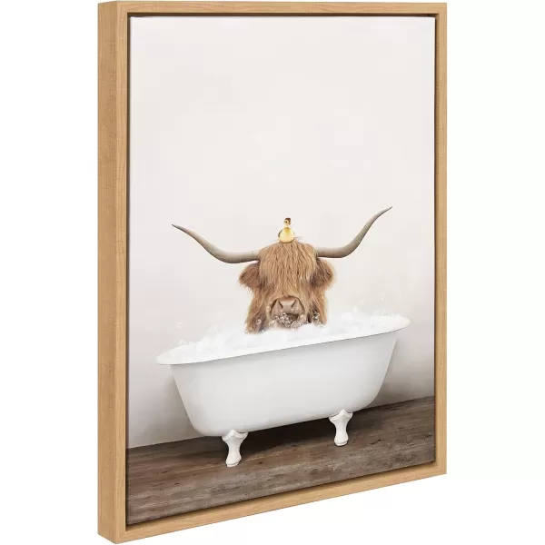 Kate and Laurel Sylvie Highland Cow and Duckling in Rustic Bath Framed Canvas Wall Art by Amy Peterson Art Studio 18x24 Gray Modern Fun Decorative Bathtub Wall Art for Home DcorNatural