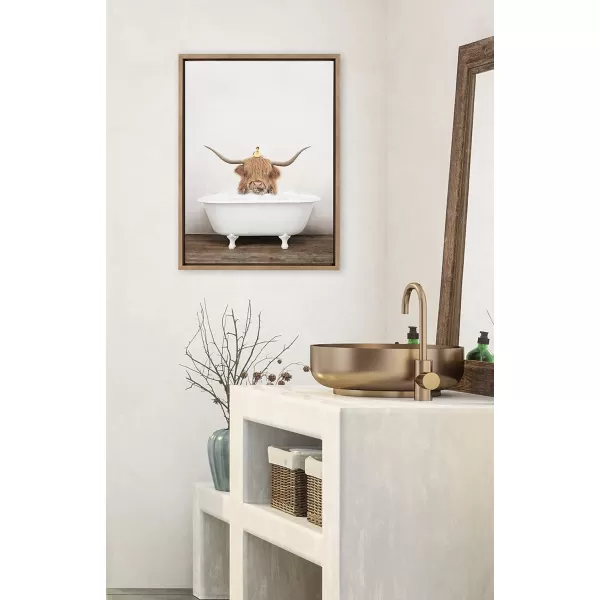 Kate and Laurel Sylvie Highland Cow and Duckling in Rustic Bath Framed Canvas Wall Art by Amy Peterson Art Studio 18x24 Gray Modern Fun Decorative Bathtub Wall Art for Home DcorGold