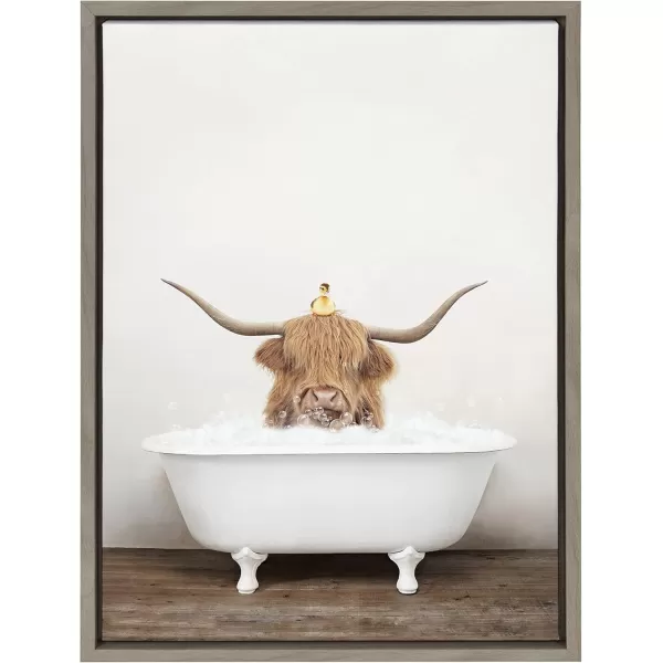 Kate and Laurel Sylvie Highland Cow and Duckling in Rustic Bath Framed Canvas Wall Art by Amy Peterson Art Studio 18x24 Gray Modern Fun Decorative Bathtub Wall Art for Home DcorGray