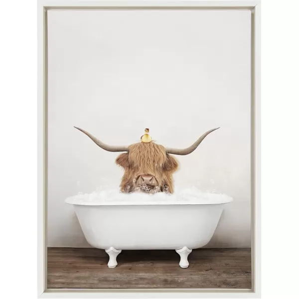 Kate and Laurel Sylvie Highland Cow and Duckling in Rustic Bath Framed Canvas Wall Art by Amy Peterson Art Studio 18x24 Gray Modern Fun Decorative Bathtub Wall Art for Home DcorWhite