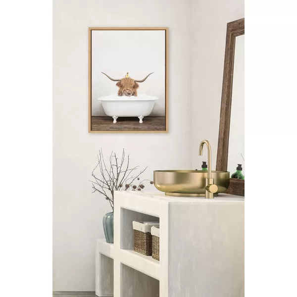 Kate and Laurel Sylvie Highland Cow and Duckling in Rustic Bath Framed Canvas Wall Art by Amy Peterson Art Studio 18x24 Gray Modern Fun Decorative Bathtub Wall Art for Home DcorNatural