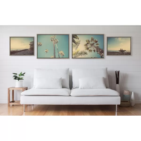 Kate and Laurel Sylvie House on Beach Palm Trees in Lajolla Palm Tree Sunburst and Surfers Framed Canvas Wall Art Set by Saint and Sailor Studios 4 Piece Set Gray Coastal Beach Art for Wall