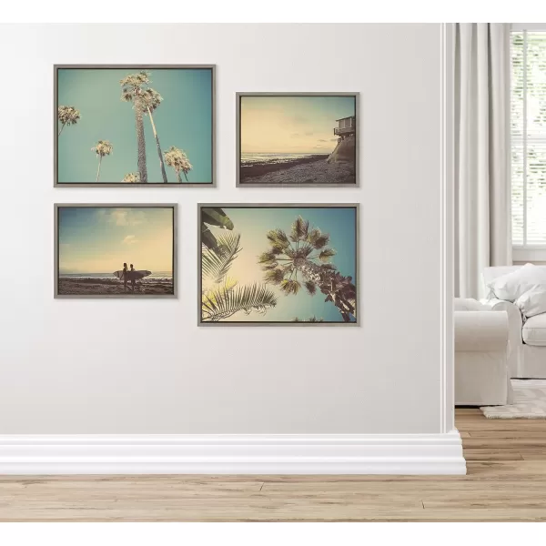 Kate and Laurel Sylvie House on Beach Palm Trees in Lajolla Palm Tree Sunburst and Surfers Framed Canvas Wall Art Set by Saint and Sailor Studios 4 Piece Set Gray Coastal Beach Art for Wall