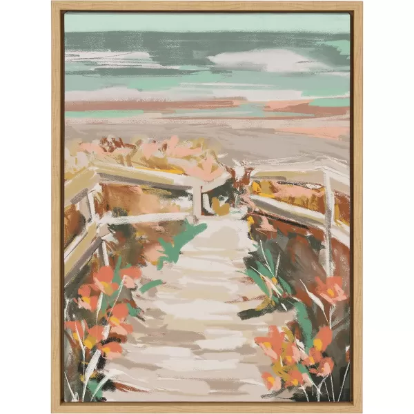 Kate and Laurel Sylvie Landscape 08 Beach Framed Canvas Wall Art by Annie Quigley 18x24 Natural Soft Watercolor Beachy Landscape with Ocean Sands Art for Wall DecorNatural