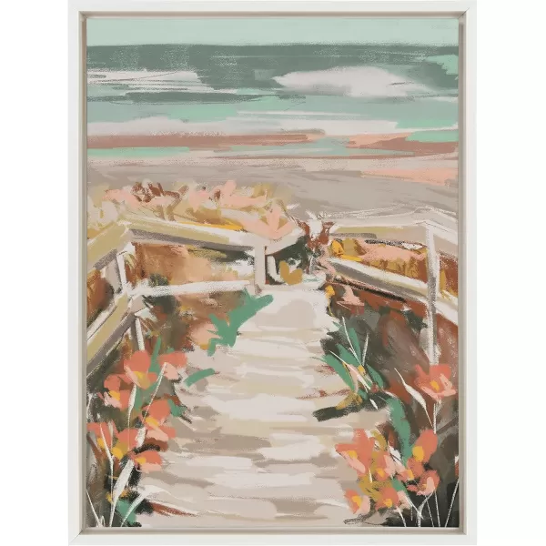 Kate and Laurel Sylvie Landscape 08 Beach Framed Canvas Wall Art by Annie Quigley 18x24 Natural Soft Watercolor Beachy Landscape with Ocean Sands Art for Wall DecorWhite