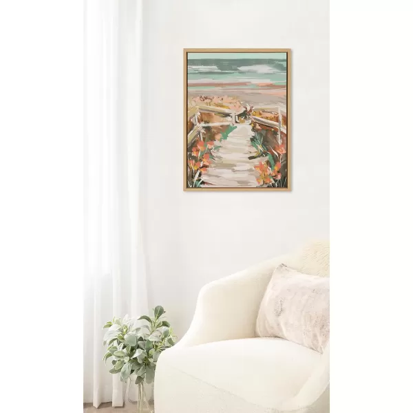 Kate and Laurel Sylvie Landscape 08 Beach Framed Canvas Wall Art by Annie Quigley 18x24 Natural Soft Watercolor Beachy Landscape with Ocean Sands Art for Wall DecorNatural