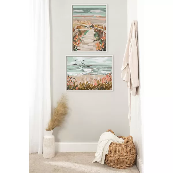Kate and Laurel Sylvie Landscape 08 Beach Framed Canvas Wall Art by Annie Quigley 18x24 Natural Soft Watercolor Beachy Landscape with Ocean Sands Art for Wall DecorWhite