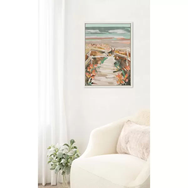Kate and Laurel Sylvie Landscape 08 Beach Framed Canvas Wall Art by Annie Quigley 18x24 Natural Soft Watercolor Beachy Landscape with Ocean Sands Art for Wall DecorWhite