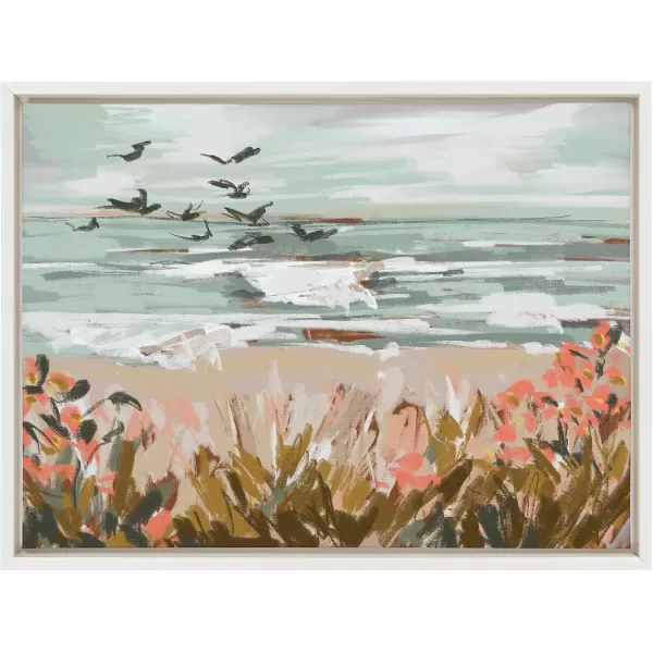 Kate and Laurel Sylvie Landscape 09 Beach Framed Canvas Wall Art by Annie Quigley 18x24 White Soft Watercolor Beachy Landscape with Ocean Sands Art for Wall DecorWhite