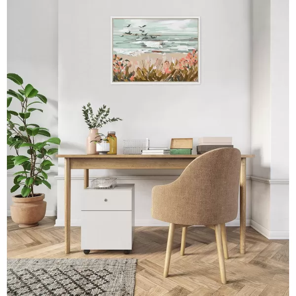 Kate and Laurel Sylvie Landscape 09 Beach Framed Canvas Wall Art by Annie Quigley 18x24 White Soft Watercolor Beachy Landscape with Ocean Sands Art for Wall DecorWhite