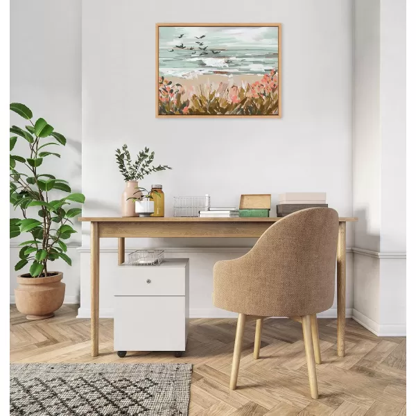 Kate and Laurel Sylvie Landscape 09 Beach Framed Canvas Wall Art by Annie Quigley 18x24 White Soft Watercolor Beachy Landscape with Ocean Sands Art for Wall DecorNatural