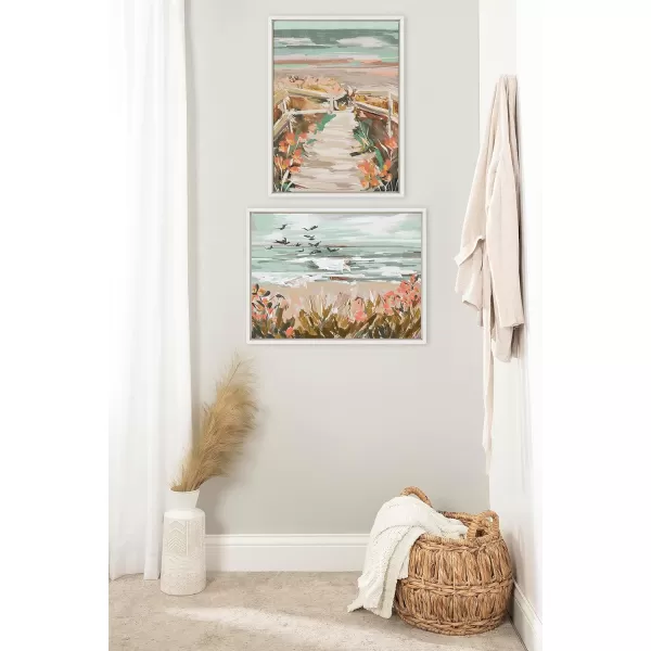 Kate and Laurel Sylvie Landscape 09 Beach Framed Canvas Wall Art by Annie Quigley 18x24 White Soft Watercolor Beachy Landscape with Ocean Sands Art for Wall DecorWhite