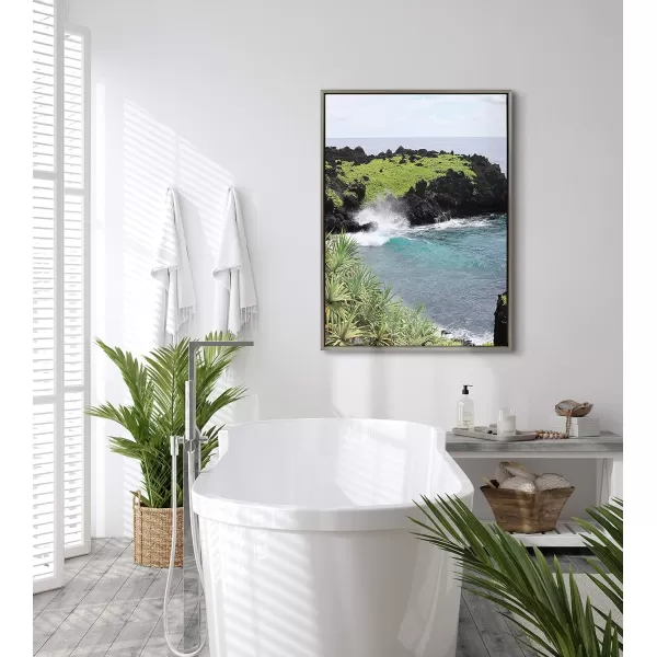 Kate and Laurel Sylvie Maui Black Sand Swell Framed Canvas Wall Art by Rachel Dowd 28x38 Gray Relaxing Coastal Art Print for Wall