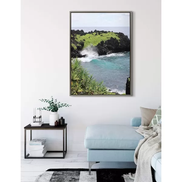 Kate and Laurel Sylvie Maui Black Sand Swell Framed Canvas Wall Art by Rachel Dowd 28x38 Gray Relaxing Coastal Art Print for Wall