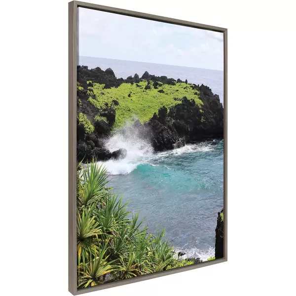 Kate and Laurel Sylvie Maui Black Sand Swell Framed Canvas Wall Art by Rachel Dowd 28x38 Gray Relaxing Coastal Art Print for Wall