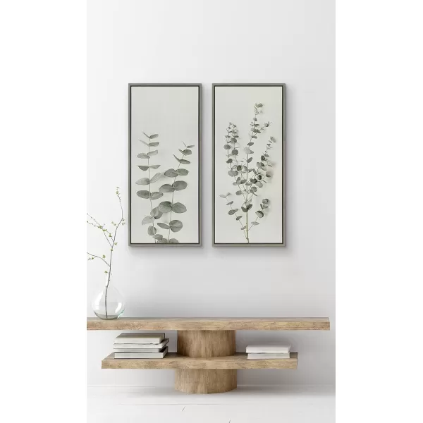 Kate and Laurel Sylvie Minimalist Eucalyptus Framed Linen Textured Canvas Wall Art by The Creative Bunch Studio 18x40 Gray Decorative Plant DecorGray