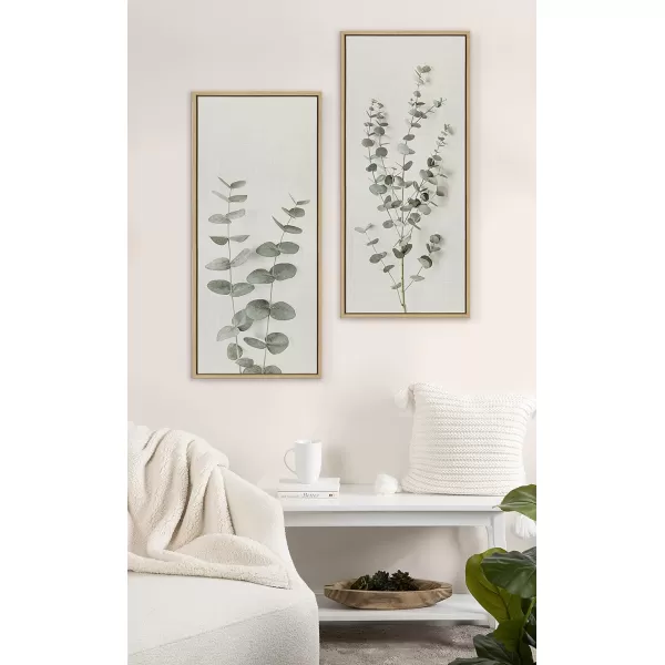 Kate and Laurel Sylvie Minimalist Eucalyptus Framed Linen Textured Canvas Wall Art by The Creative Bunch Studio 18x40 Gray Decorative Plant DecorNatural