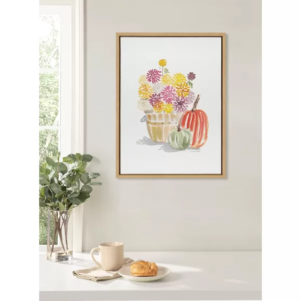 Kate and Laurel Sylvie Mums and Pumpkins Framed Canvas Wall Art by Patricia Shaw 18x24 Natural Fall Decorations for Home