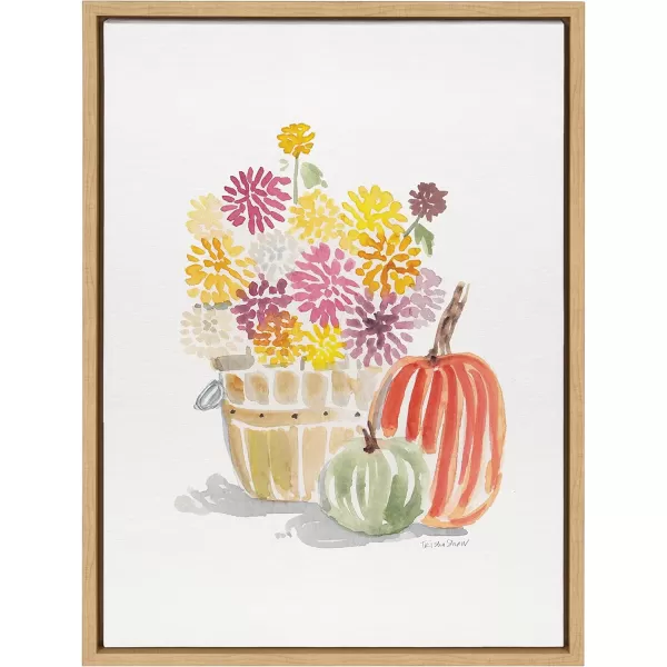 Kate and Laurel Sylvie Mums and Pumpkins Framed Canvas Wall Art by Patricia Shaw 18x24 Natural Fall Decorations for Home