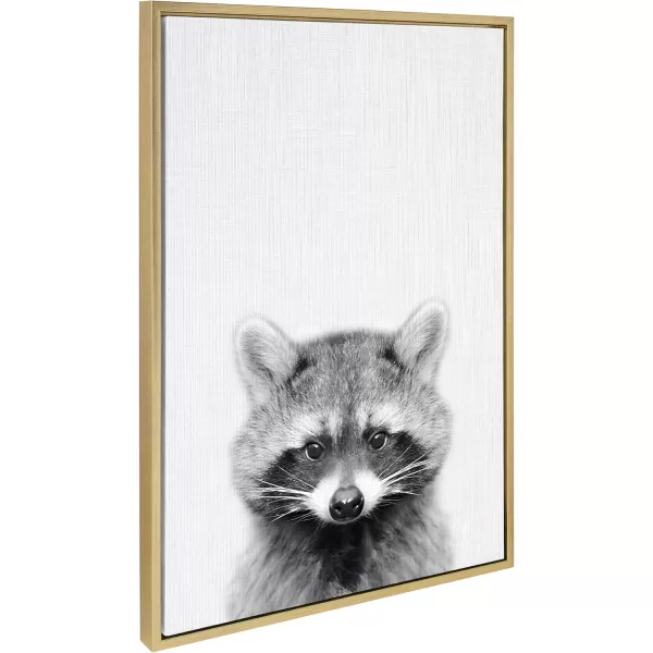Kate and Laurel Sylvie Raccoon Black and White Portrait Framed Canvas Wall Art by Simon Te Tai 23x33 NaturalGold