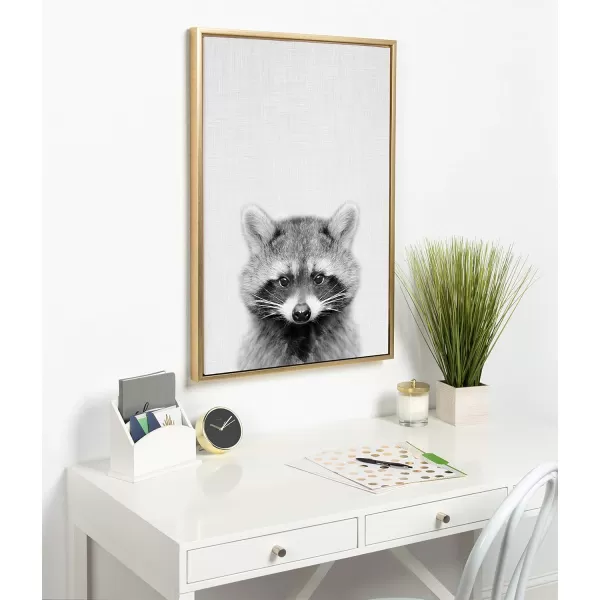 Kate and Laurel Sylvie Raccoon Black and White Portrait Framed Canvas Wall Art by Simon Te Tai 23x33 NaturalGold