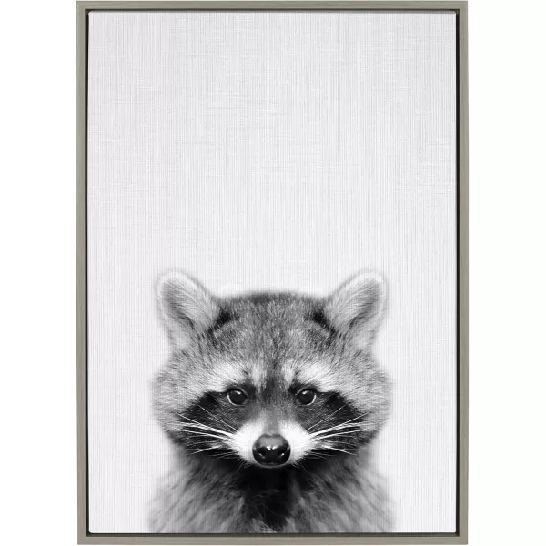 Kate and Laurel Sylvie Raccoon Black and White Portrait Framed Canvas Wall Art by Simon Te Tai 23x33 NaturalGrey