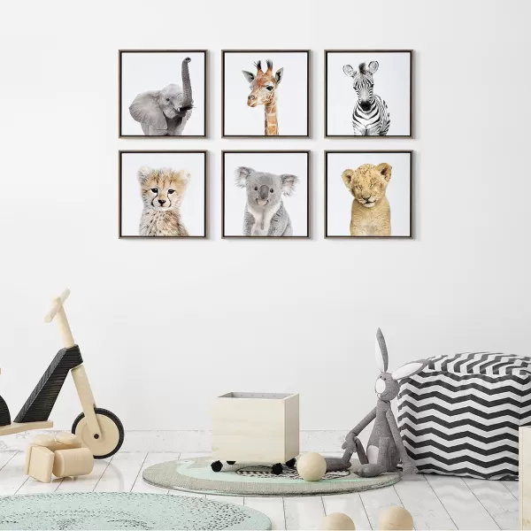 Kate and Laurel Sylvie Safari Animal Collection Framed Canvas Wall Art by Amy Peterson Art Studio Set of 6 13x13 Natural Decorative Animal Art for WallThin Gray