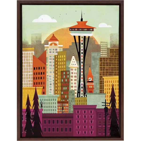 Kate and Laurel Sylvie Seattle Skyline Framed Canvas Wall Art by Amber Leaders Designs 18x24 Natural Fun Illustrated City Skyline Art for WallBrown