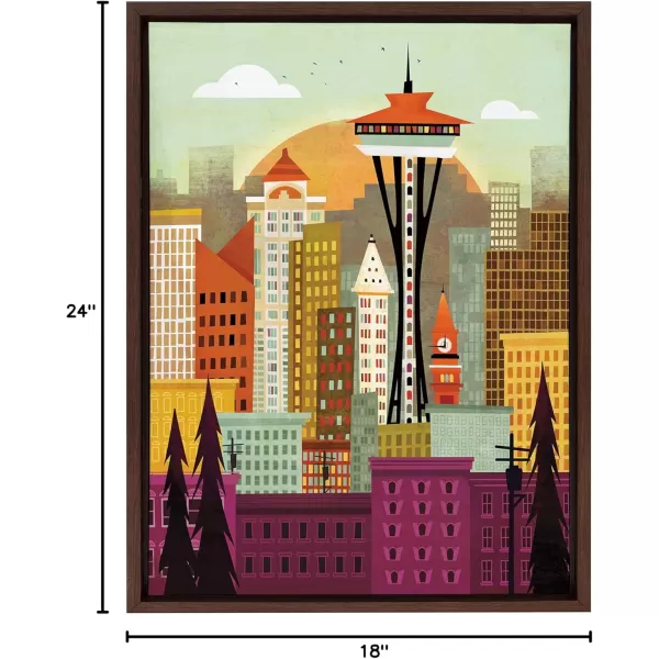 Kate and Laurel Sylvie Seattle Skyline Framed Canvas Wall Art by Amber Leaders Designs 18x24 Natural Fun Illustrated City Skyline Art for WallBrown