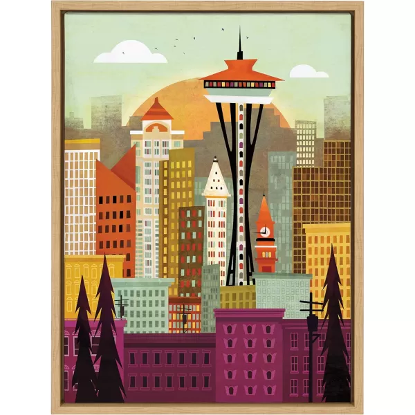 Kate and Laurel Sylvie Seattle Skyline Framed Canvas Wall Art by Amber Leaders Designs 18x24 Natural Fun Illustrated City Skyline Art for WallNatural