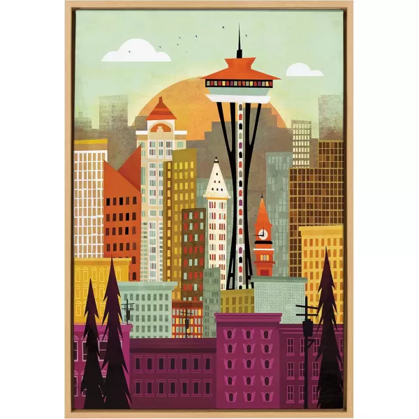 Kate and Laurel Sylvie Seattle Skyline Framed Canvas Wall Art by Amber Leaders Designs 18x24 Natural Fun Illustrated City Skyline Art for WallNatural