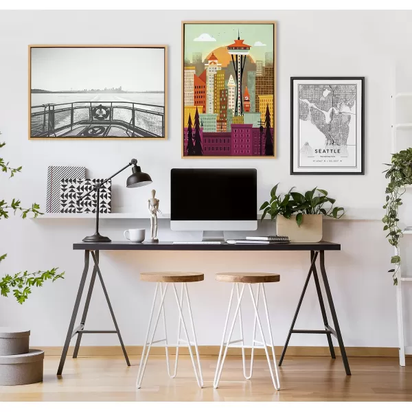 Kate and Laurel Sylvie Seattle Skyline Framed Canvas Wall Art by Amber Leaders Designs 18x24 Natural Fun Illustrated City Skyline Art for WallNatural