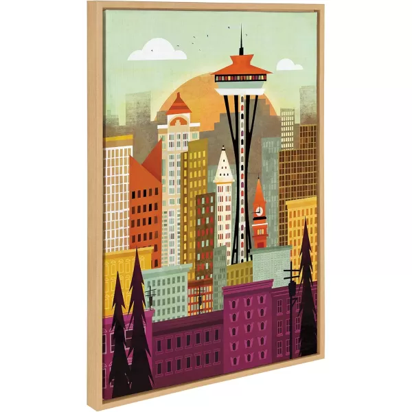 Kate and Laurel Sylvie Seattle Skyline Framed Canvas Wall Art by Amber Leaders Designs 18x24 Natural Fun Illustrated City Skyline Art for WallNatural