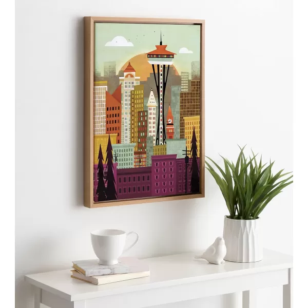 Kate and Laurel Sylvie Seattle Skyline Framed Canvas Wall Art by Amber Leaders Designs 18x24 Natural Fun Illustrated City Skyline Art for WallNatural