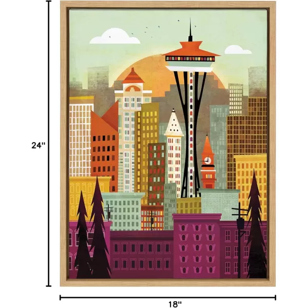 Kate and Laurel Sylvie Seattle Skyline Framed Canvas Wall Art by Amber Leaders Designs 18x24 Natural Fun Illustrated City Skyline Art for WallNatural