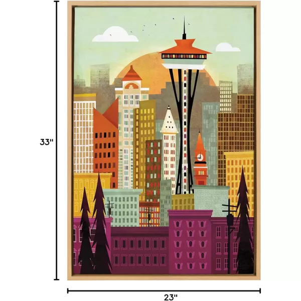 Kate and Laurel Sylvie Seattle Skyline Framed Canvas Wall Art by Amber Leaders Designs 18x24 Natural Fun Illustrated City Skyline Art for WallNatural