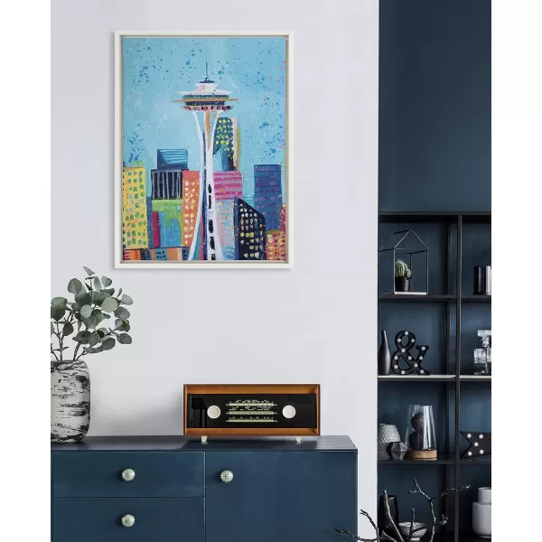 Kate and Laurel Sylvie Seattles Space Needle Framed Canvas Wall Art by Rachel Christopoulos 18x24 White Decorative Travel Poster Wall Dcor