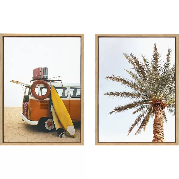 Kate and Laurel Sylvie Surfboard Beach Van and One Palm Tree in Paradise Framed Canvas Wall Art by The Creative Bunch Studio 2 Piece 18x24 Walnut Brown Tropical Art for WallNatural