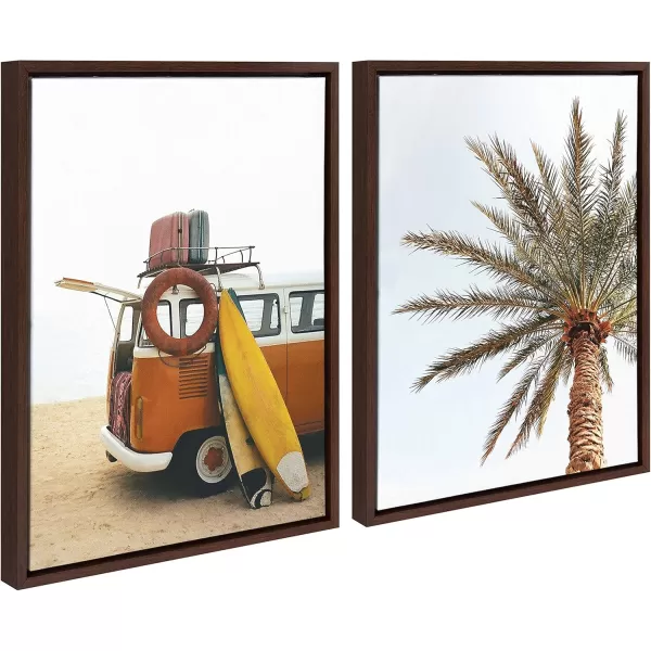 Kate and Laurel Sylvie Surfboard Beach Van and One Palm Tree in Paradise Framed Canvas Wall Art by The Creative Bunch Studio 2 Piece 18x24 Walnut Brown Tropical Art for WallBrown