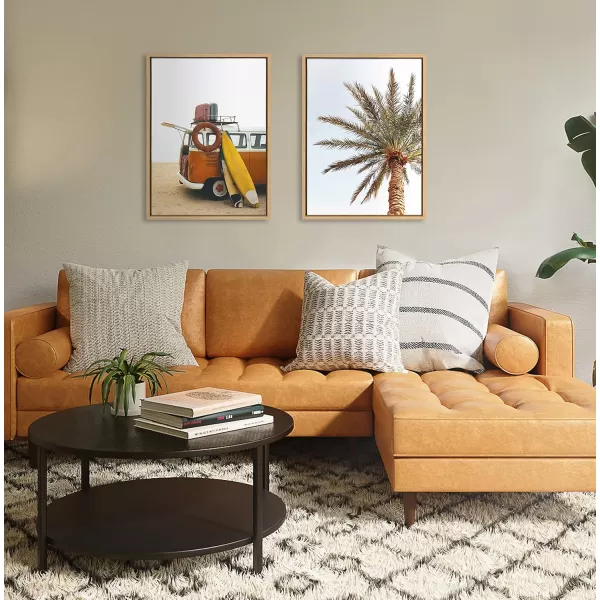 Kate and Laurel Sylvie Surfboard Beach Van and One Palm Tree in Paradise Framed Canvas Wall Art by The Creative Bunch Studio 2 Piece 18x24 Walnut Brown Tropical Art for WallNatural