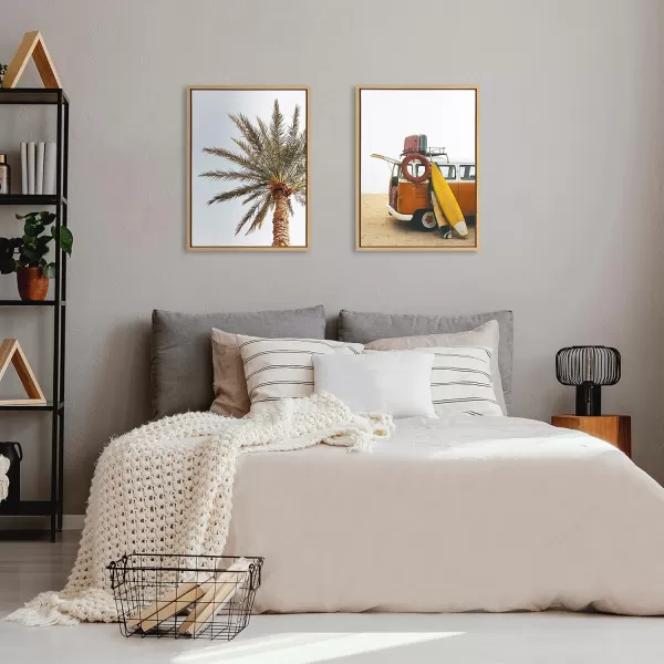 Kate and Laurel Sylvie Surfboard Beach Van and One Palm Tree in Paradise Framed Canvas Wall Art by The Creative Bunch Studio 2 Piece 18x24 Walnut Brown Tropical Art for WallNatural